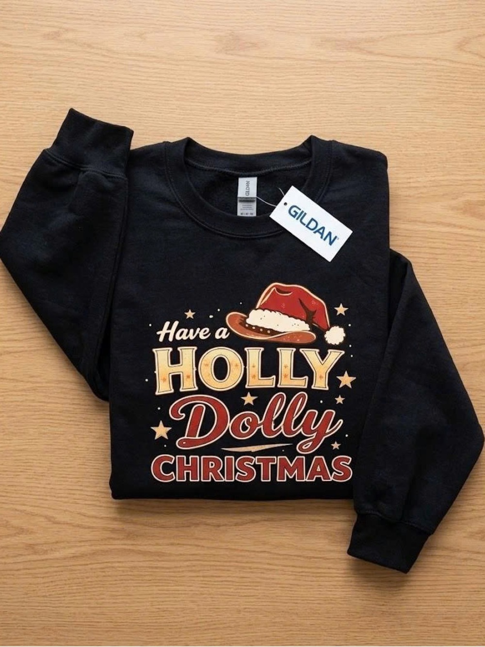 Holly Dolly Christmas Sweatshirt Black Santa Cowgirl Hat Holiday Graphic Top - Picture 1 of 6
